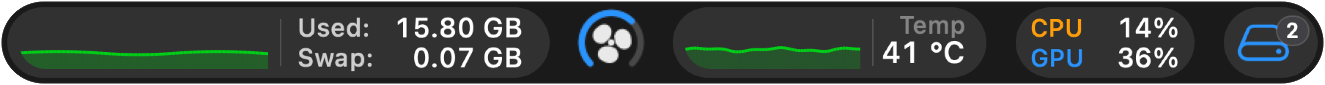 iStateBar menu bar: memory chart, fan ring, temperature, CPU and GPU readings