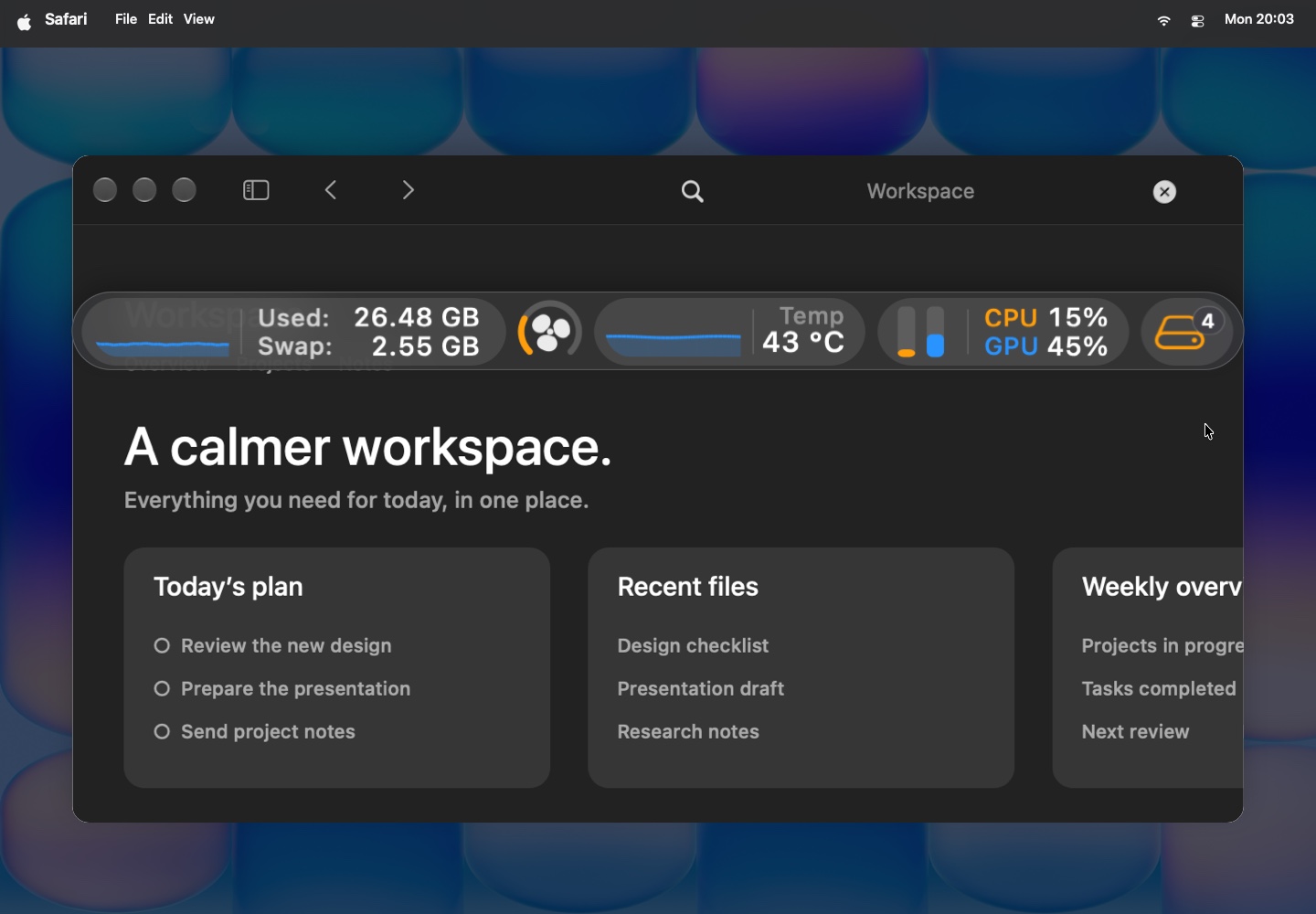 Dark macOS desktop with the blue and orange iStateBar floating monitoring bar