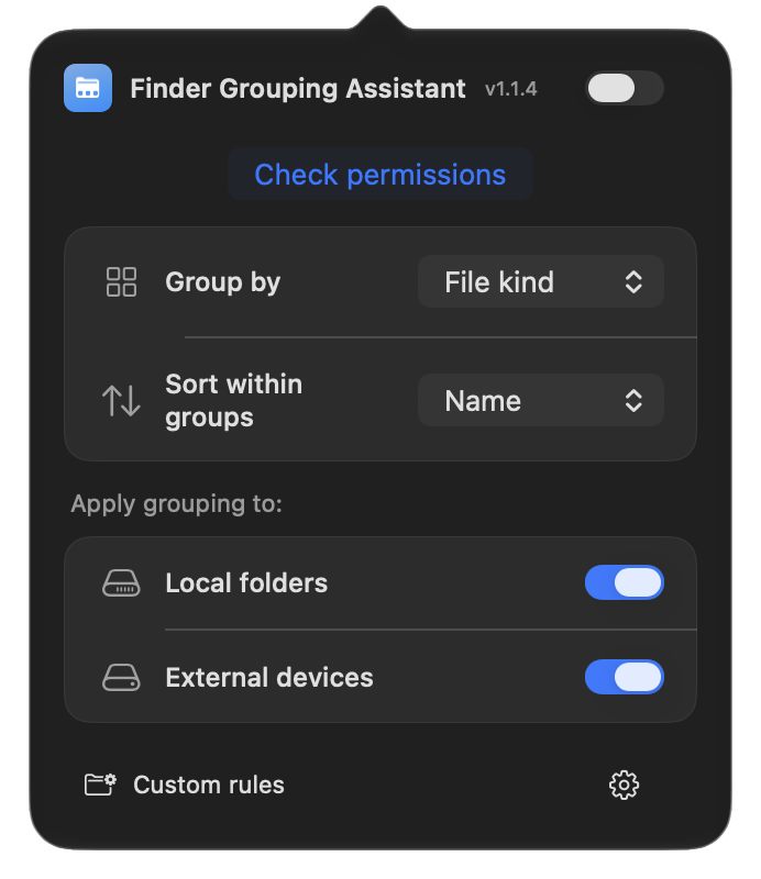 Finder Grouping Assistant menu bar panel: Group by, Sort within groups, Local folders and External devices switches