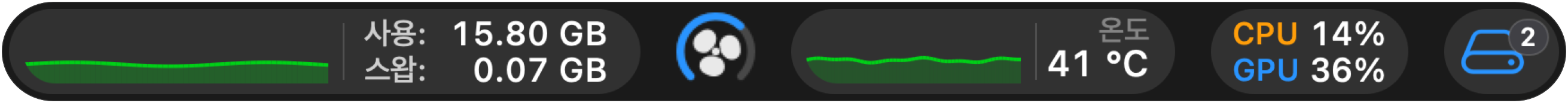 메모리 기록 그래프, 팬 링, 온도 그래프, 색상으로 구분된 CPU·GPU 수치, 기기 표시가 있는 iStateBar