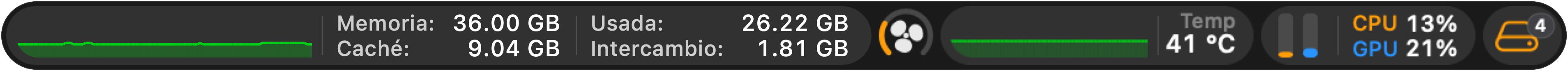 Barra de menús nativa de iStateBar: memoria 36,00 GB, caché 9,04 GB, usada 26,22 GB, swap 1,81 GB; ventilador, temperatura, CPU y GPU