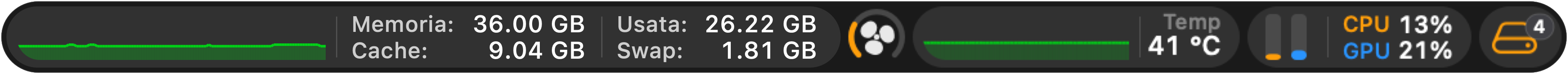 Barra dei menu nativa di iStateBar: memoria 36,00 GB, cache 9,04 GB, utilizzata 26,22 GB, swap 1,81 GB; ventola, temperatura, CPU e GPU