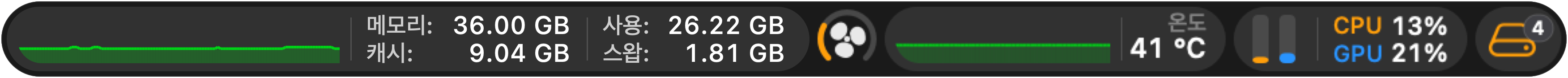 iStateBar 기본 메뉴 막대: 메모리 36.00 GB, 캐시 9.04 GB, 사용 26.22 GB, 스왑 1.81 GB, 팬, 온도, CPU, GPU