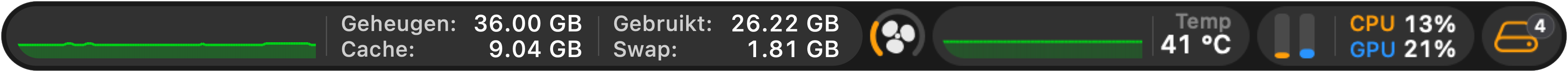 Native menubalk van iStateBar: geheugen 36,00 GB, cache 9,04 GB, gebruikt 26,22 GB, swap 1,81 GB; ventilator, temperatuur, CPU en GPU