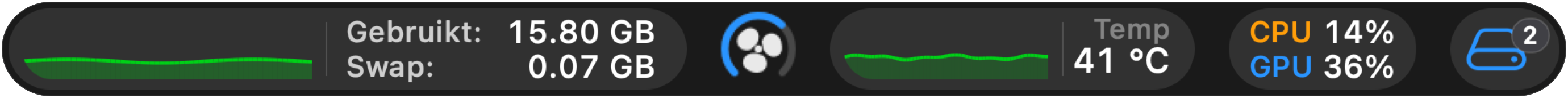 iStateBar met een grafiek van de geheugengeschiedenis, ventilatorring, temperatuurgrafiek, gekleurde CPU- en GPU-waarden en een apparaatindicator