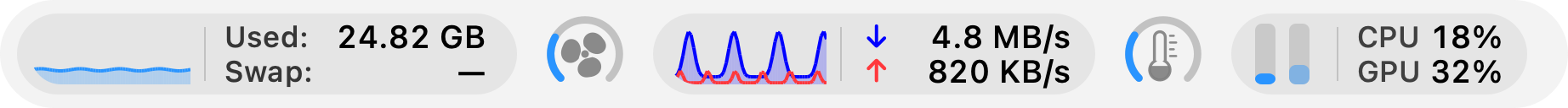 iStateBar menu bar with memory history, fan, network, temperature and CPU/GPU readouts